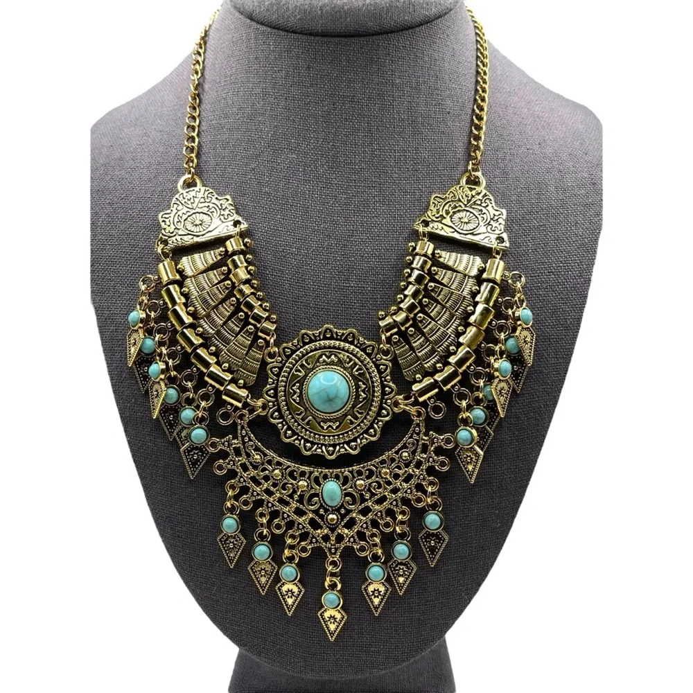 ❤️ Boho x Gypsy Tribal Gold Tone Statement Necklace - Picture 6 of 7